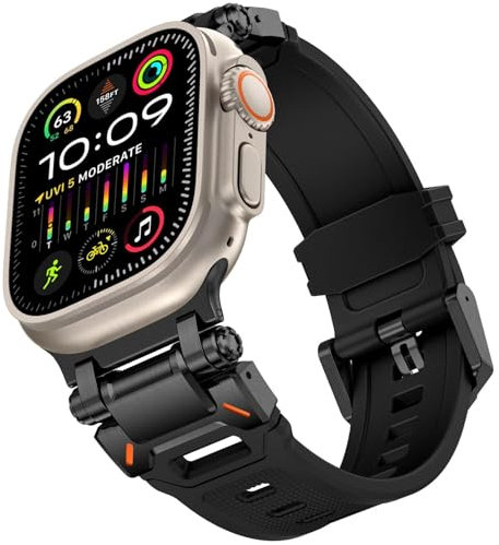 EKSIL Para Apple Watch Ultra 2 Band 49mm Para Apple Watch Band Series 9/8/SE2/7/6/SE/5/4/3/2/1 45mm/44mm/42mm Banda conectora de metal duradera, banda de repuesto deportiva de TPU resistente(Black - B