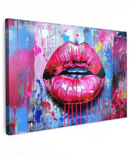 MuchoWow© Leinwand 60x40 cm Deko Schlafzimmer Aesthetic Leinwandbilder Wohnzimmer Gemälde Foto Geschenk Living Room Decoration Graffiti - Lippen - Leuchtend Rosa - Bemalt