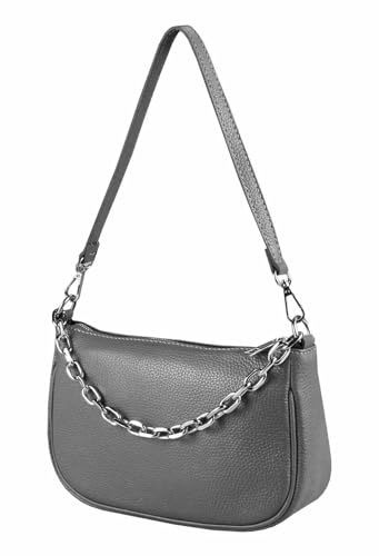 Made in Italy Damen Leder Tasche Pochette mit Kette Schultertasche Handtasche City Bag Umhängetasche Clutch Ledertasche Bodybag Schmucktasche Crossbody Cross-Over Grau (Silber)