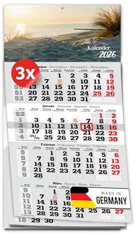 PRIMUS PRINT 4-Monats Einblockkalender 2026 mit Schieber - Wandkalender zum Aufhängen - großer Monatskalender - inklusive Feiertagen - verschiedene Motive, verschiedene Sets - [ 3x Strand ]