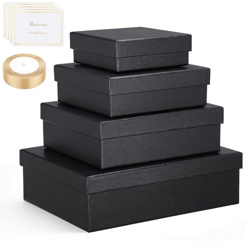 EUSOAR Schwarze Geschenkbox Set - 4 Stück Größen Geschenkboxen Schwarz - Karton mit Deckel für Geschenkverpackung - Spezialität Papier Gift Boxes zum Geburtstag Party Jahrestag