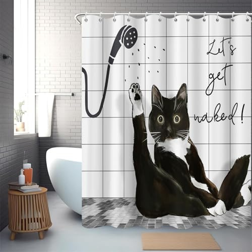 GCIREC Duschvorhang, 90x180cm, Abstraktes Niedlich Katzees Lustiges Schwarzes Kätzchen Badet Cartoon Tier Wasserdichter Stoff Maschinenwaschbarer Badezimmervorhang mit Haken