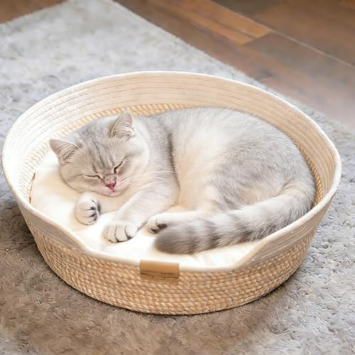 Guiwuiyu Cat Bed with Cotton Cushion, 50CM Washable Cat Basket from Cotton Ropes, All Season Universal, Woven Basket with Toy Ball for All Cats to Sleep