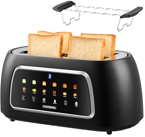 Steinborg® Automatik Toaster mit Brötchenaufsatz 4 Scheiben Automatische Liftfunktion ohne Hebel - Langschlitztoaster Toastautomat Digitales Display Brotzentrierung Restzeitanzeige