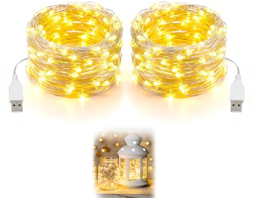 JiaHeHe - Guirnalda de luces LED, 5 m, 50 LED, cable de cobre, flexible, guirnalda de luces para interior exterior, luz blanca cálida, decoraciones navideñas, boda, fiesta, guirnalda led usb moldeable