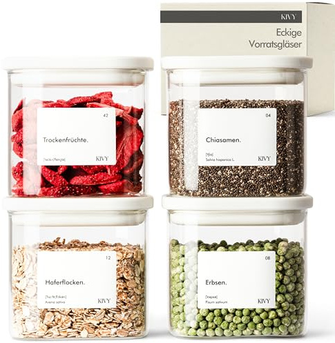 KIVY Vorratsgläser mit transparenten Glasdeckel - 4x 600ml - Luftdicht | Aufbewahrungsgläser mit Deckel - Vorratsdosen mit Deckel stapelbar- Glas Aufbewahrung - Aufbewahrungsdosen Küche - BPA-Frei