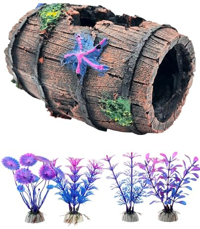 Rudfovn Fish Tank Ornaments, Broken Starfish Barrel Fish Decorations Accessories with 4 Aquatic Plants for Aquarium Tanks Decor