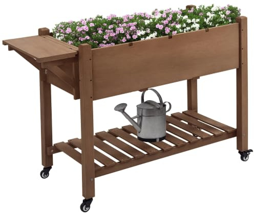 Outsunny Letto per Orto Rialzato a 8 Scomparti 123x54x87cm Caffè Scuro | con Ruote, Ripiano Laterale, Mensola Inferiore a Doghe, Fioriera Rialzata da Esterno in Abete, 4 Fori di Drenaggio
