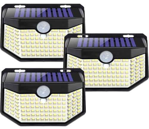 Aootek Solarlampen für Außen mit Bewegungsmelder, 3er Set, Garten, 120 LED | Sehr Breiter Ausleuchtungswinkel, IP65 Wasserdicht, Solar Wandleuchte, Gartenbeleuchtung, Schwarzer Rahmen, Kaltweiß