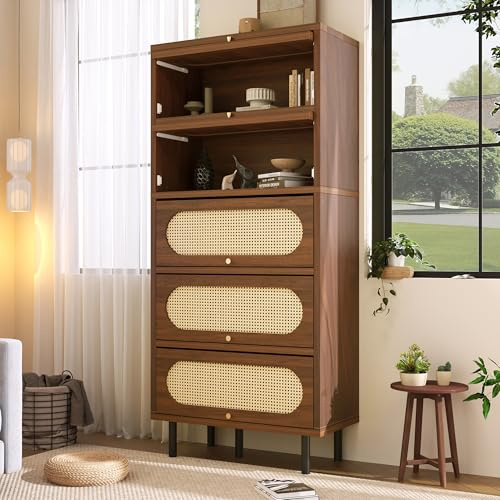 Rosebibi Sideboard Nussbaum mit Rattan 80x40x163 cm, Hochschrank 5 Klappen, Kommode Holz Metallbeine, großer Stauraum, Wohnzimmer Flur Küche Schrank (Nussbaum)
