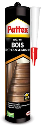 Pattex | Fixation Bois Plinthes & Menuiserie (cartouche de 380 g) – Colle de fixation d'éléments de grande longueur en bois – Colle bois blanche pour travaux d’intérieur