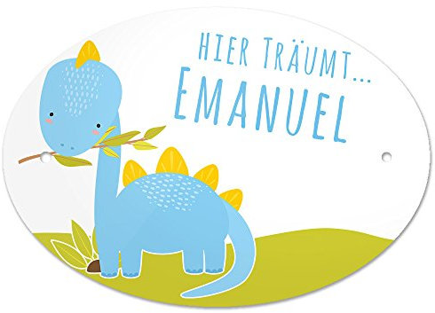 Eurofoto Türschild mit Namen - Hier träumt Emanuel - und Dinosaurier-Motiv für Jungen | Kinderzimmer-Schild
