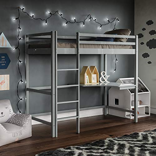Vida Designs Sydney High Sleeper Bunk Bed, Solid Pine Wood Kids Loft Bed Frame With Desk, Perfect For Children, Single 3 Foot, Grey