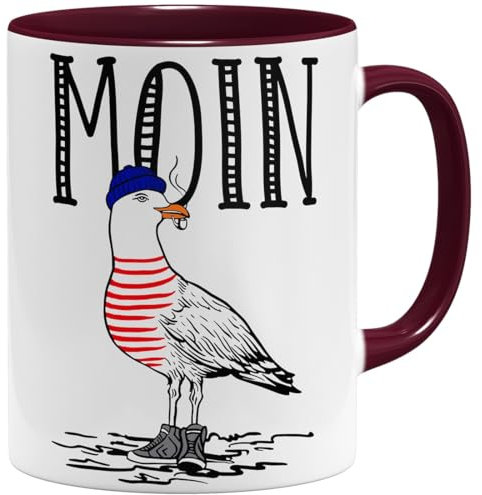 OM3® Seemöwe Moin Kaffee-Tasse mit Spruch - Guten Morgen Möwe II - Keramik Becher - 11oz 325ml - Beidseitig Bedruckt - Bordeaux