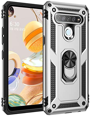 BestST Hülle für LG K61/LG Q61/LG Q630 + schutzfolie,Handyhülle für LG K61/LG Q61 Cover,Armor Stoßfest TPU PC Schutzhülle Ringhalter Handytasche Case für LG K61/LG Q61/LG Q630 Handy Hüllen,Silber