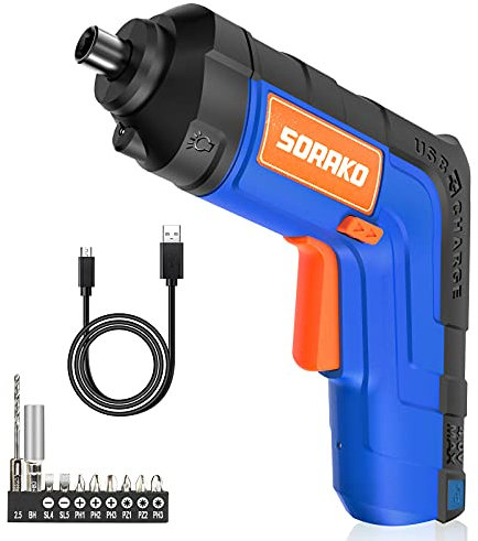 Cordless Screwdriver 4V, SORAKO Small Electric Screwdriver, Power Screwdriver 2000mAh Rechargeable with LED Light, 6Nm Screw Gun, 10 PCS Screwdriver Kit for Home DIY
