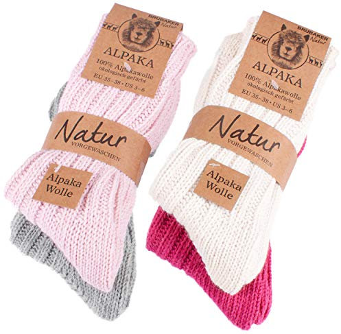 BRUBAKER 4 Paar Alpaka Socken mit Alpakawolle - Wintersocken Set für Damen und Herren - Pink Rosa Beige Grau - Größe 35-38