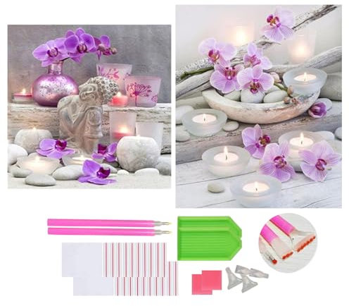DOUKOYEE Diamond Painting für Erwachsene Blumen Buddha und Kerze Bilder DIY 5D Diamant Malerei Kit Stickerei Set Kreuzstich Diamant Painting Bilder Wall Home Room Decoration (C)