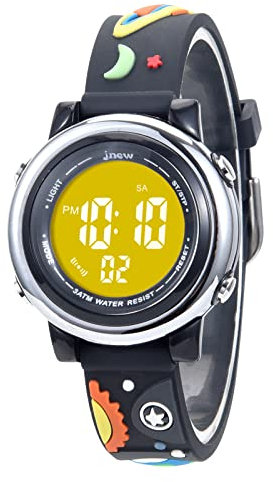 Kinderuhr Digital für Jungen Mädchen 3ATM Wasserdicht Kinder Armbanduhr mit Wecker Datum Stoppuhr Kinder Uhr für 3-10 Jahre (Schwarzes Universum)