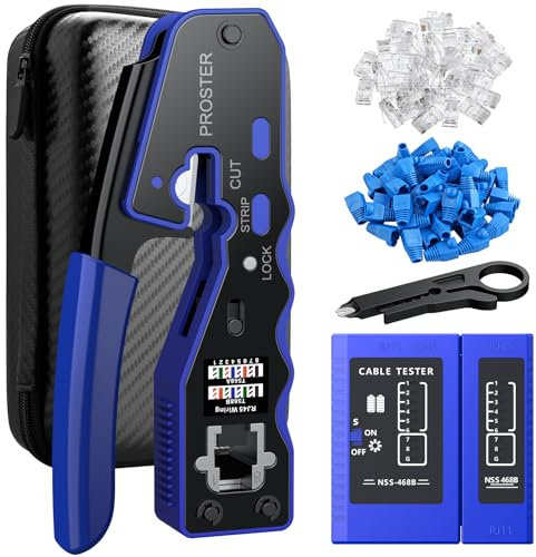 Proster Pinza Crimpatrice RJ45 Pass Through Multifunzione Spelafili per Cavo Rete Cat5 Cat5e Cat6 Cat6a Kit Strumento Crimpatura con 50pz Connettori Cat6 e Coperture di Protezione Tester Custodia