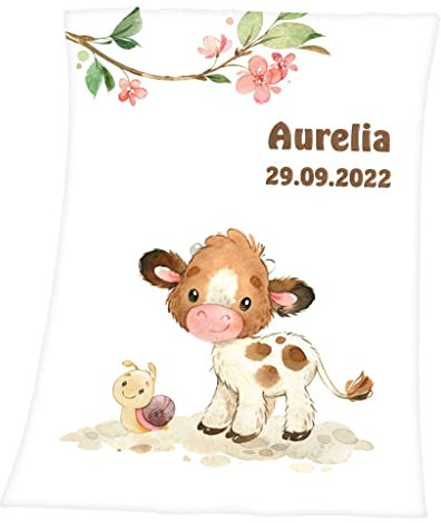 Wolimbo Soft-Peach Babydecke mit Namen personalisiert - Motiv Kuh Schnecke - Besticktes Geschenk für Mädchen und Junge 75x100cm