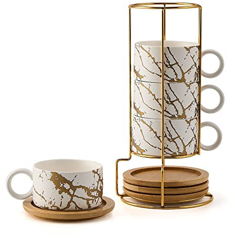 LUKA Espressotasse aus Porzellan mit Metallständer, stapelbare Keramik-Demitasse-Espressotassen, Cappuccino-Tassen-Set für Latte, Kaffee, Café, Mokka, Tee, 170 ml, 4 Stück, Weiß