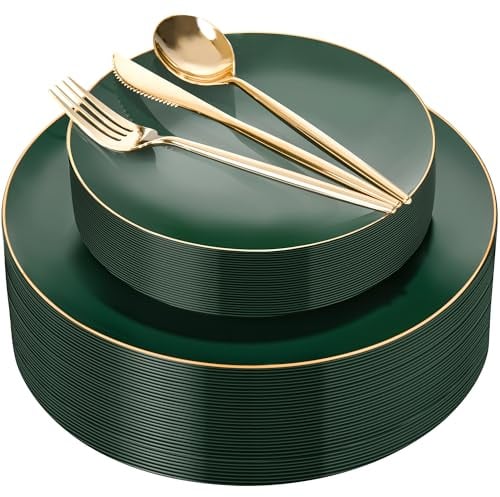 I00000 150Pcs Green Plastic Plates with Gold Rim, Fancy Disposable Plates,Green Plates Set include 30 Dinner Plate,30 Dessert Plate, 90 Plastic Silverware Set for Wedding&Party