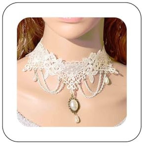 Aneneiceera Vintage Spitze Choker Halskette - Weiß Gothic Muster Punk Lange Quaste Perle Anhänger - Prinzessin Braut Lolita Schmuck Für Frauen