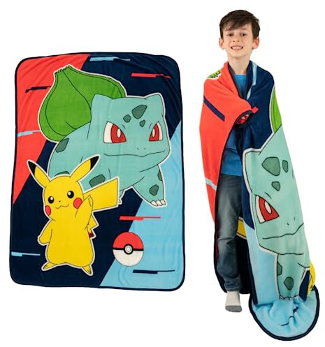 Franco Pokemon Anime Pikachu und Bulbasaur Mickey Raschel Bettwäsche-Set, Superweich, für Kinder, 116,8 x 152,4 cm (offizielles Lizenzprodukt)
