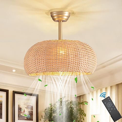 Ventilateurs de Plafond avec Lampe et Télécommande E27 Rotin Suspension Silencieux Ventilateur de Luminaires 6 Vitesses Vintage Industriel Fan Lustres Plafonnier pour Chambre Salon Cuisine Éclairage