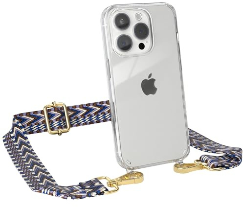 EAZY CASE Handykette - Verstellbares Taschenband kompatibel mit iPhone 15 Pro, Schulterriemen, Handykordel mit Silikon Hülle, Umhängetasche, Blau Weiß Gold