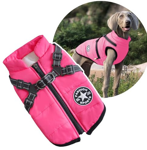 Oncpcare 2 in 1 Große Hundejacke mit Geschirr, Outdoor Hundesport Weste Geschirr, Outdoor Warm Haustier Wintermantel Geschirr für Große Hunde (Rosa)