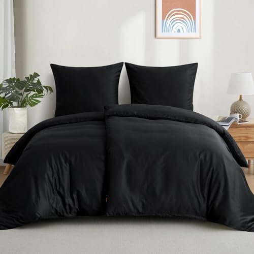 Aisbo Bettwäsche 135x200 Baumwolle 4teilig - Bettwäsche-Sets Schwarz Bettbezug 2er Set mit 2 Kissenbezüge 80x80 cm, Baumwollbettwäsche Set, Oeko-TEX Bettwäsche Schwarz mit Reißverschluss