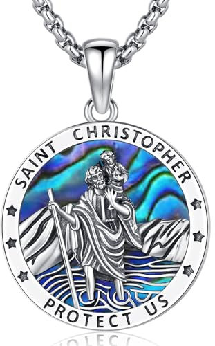 Heiliger Christophorus Anhänger | 925 Sterling Silber Heiliger Medaille | Heiliger Christophorus Halskette | Religiöser Amulett Kette Schmuck für Herren Damen (Saint Christophorus-B)