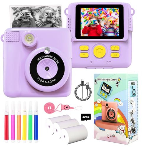 Kids Instant Print Camera Toy for Girls Boys, 2.4 Screen, 1080P HD Digital Camera With 3 Rolls Photo Paper, Birthday Gifts for 3+ Year Old, 6 Color Pens, 32GB SD Card, Purple