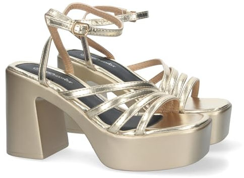 81639-Sandalias de Plataforma para Mujer, Comodas, con Tiras en la Pala, Cierre de Hebilla, Elegantes Eventos Especiales. Talla 41 Oro