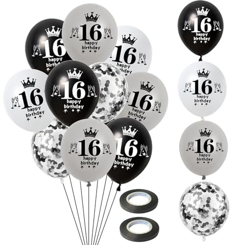 Luftballon 16. Geburtstag Jungen Mädchen Deko 14 Stück Schwarz Silber weiß Ballons 16. Geburtstag Dekoration 16 Latex Ballon Geburtstagsdeko 16 jahre Mädchen Junge Party deko