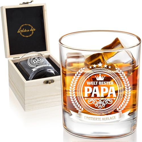 LIGHTEN LIFE Papa-Geschenke,Papa Whiskeyglas in Holzkiste,Hochwertige Geburtstagsgeschenke für Vater-360 ml