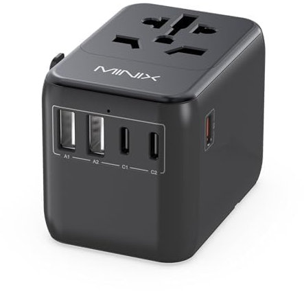 Adaptateur de Voyage Universel MINIX, Adaptateur de Prise d'alimentation Internationale Max 35 W 3 USB C 2 USB A, Chargeur Mural Mondial Tout-en-Un pour Les États-Unis, l'UE, Le Royaume-Uni, l'UA