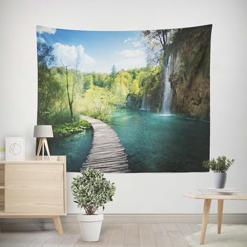 EHOMERY Wandbehang Baumwolle Tapisserie Antik Wasserfall-Naturlandschaft Wandbehang Kunst Wandteppich Wanddekoration Jugendzimmer 100x70cm