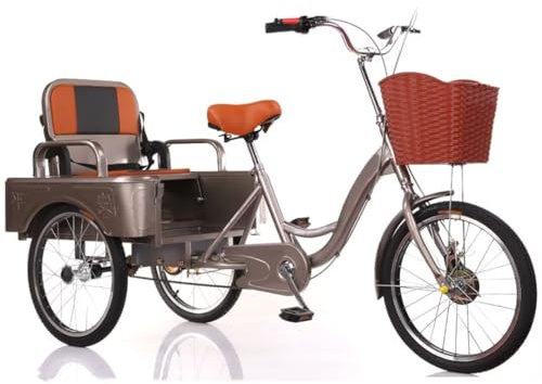 Ältere Tretfahrrad-Rikscha-Roller-Trikes, Beifahrer- und Fracht-Dreirad mit doppeltem Verwendungszweck, umklappbarer hinterer Beifahrersitz, Tandem-Dreirad, Sattel und Lenker höhenverstellbar