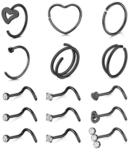 MODRSA 20G Nasenstecker Nasenpiercing Ring Herz Damen Chirurgenstahl Corkscrew Nasenpiercing Stecker Schwarz Diamand CZ Nostril Piercing Schmuck 15Stück