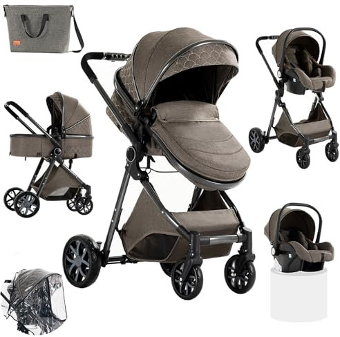 Sianldcone Poussette 3 en 1, Tissus Haut de Gamme Poussette Bebe, Poussoir Bidirectionnel Poussette Avec Cosy, Vision Buverte Poussettes Combinées (V9 Chocolate)