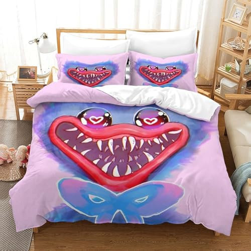 Poppy Playtime 3D Gedruckter Horror Games Cartoon Bettwäschegarnitur Mädchen Junge Kinder Bettbezug Set Bettwäsche Weich Microfaser Reissverschluss Und Kissenbezüge 3 Teilig Single(140x200cm)