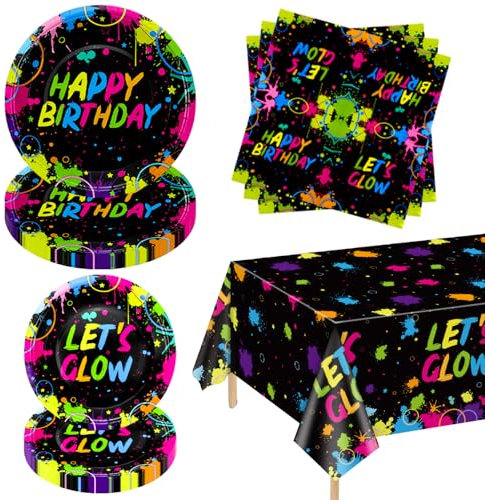 61 Pieces Glow Neon Party Supplies - Glow in the Dark Birthday Plates, Fluorescence Napkins, Neon Tablecloth for Blacklight Neon Party Decorations, Serve 20 Guests