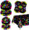 61 Pieces Glow Neon Party Supplies - Glow in the Dark Birthday Plates, Fluorescence Napkins, Neon Tablecloth for Blacklight Neon Party Decorations, Serve 20 Guests