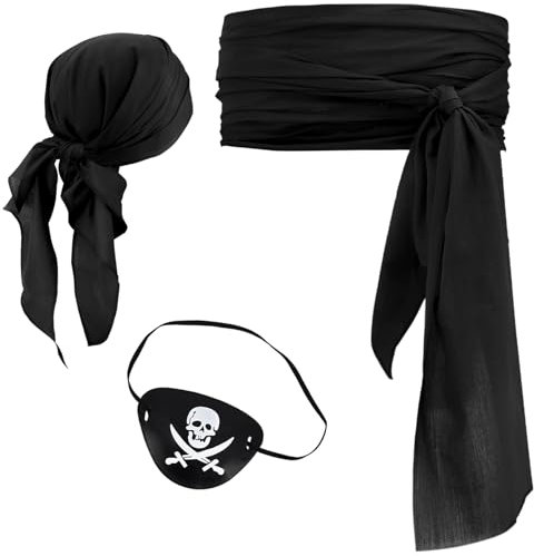 DigiTizerArt Halloween Pirate Costume Women Men 3 Pcs Pirate Head Scarf Bandana Belt Waist Sash Eye Patch Medieval Renaissance Viking Accessories (Black)