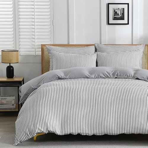 Gezu Bettwäsche 220x240cm Grau Weiß Gestreift 4teilig Bettwäsche-Sets 100% Atmungsaktive Weich Mikrofaser Bettwäsche Angenehme Bettbezug 220x240cm mit 2 Kissenbezug 80x80 mit Reißverschluss, Bügelfrei