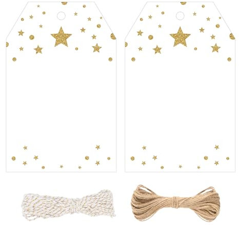jijAcraft Geschenkanhänger mit Gold Glitzern Stern: 8,5x5,5cm Weiß Papieranhänger zum Beschriften 100 Stück Papier Etiketten mit Loch und Schnur für DIY Weihnachten Geburtstag Geschenk