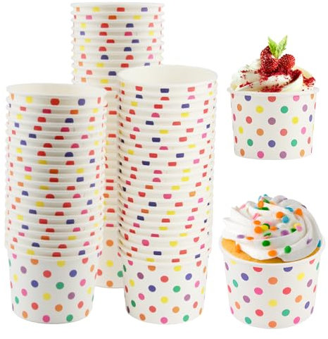 Xmart 50 pezzi Coppette Gelato Carta 240 ml Coppette per Gelato in Cartone Rotondo con Puntini Colorati per Dessert Caldi e Freddi Gelati Yogurt Dolci Snack Frutta
